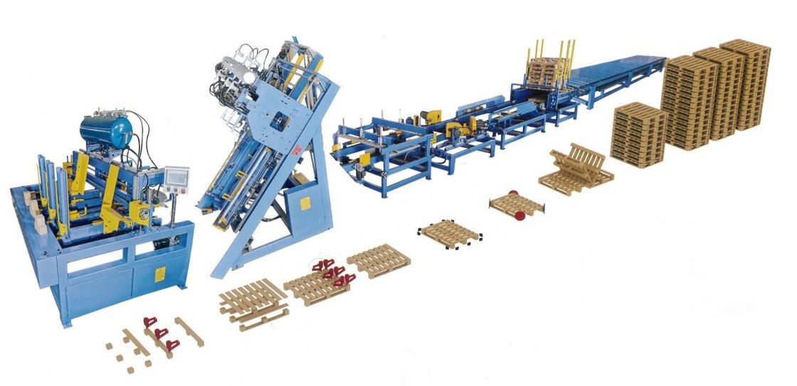 Euro Wood Block Pallet Making Machine 4 Stringer w/Stacker Pallet Nailer Assembly System